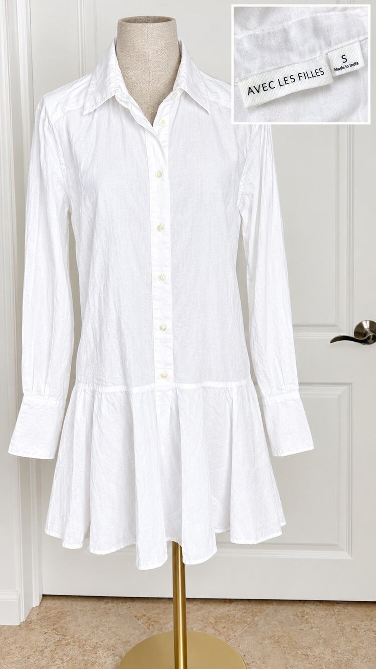 Avec Les Filles White Collared Long Sleeve Drop Waist Shirt Mini Dress - Size S